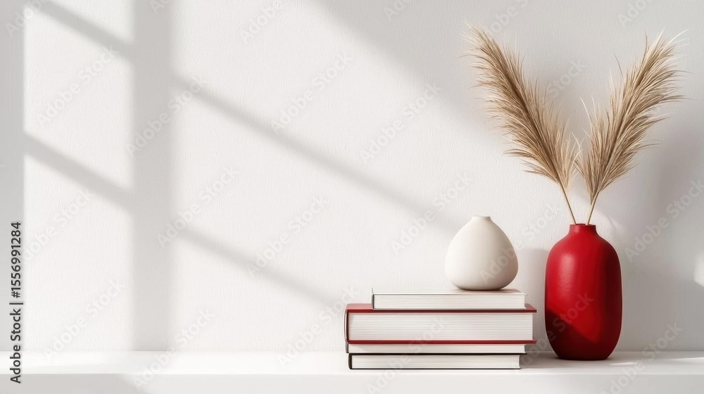 Aufkleber white shelf with a stack of books on it. on the right side of the shelf, there is a red vase with lo