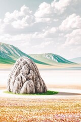 Single Boulder in Steppe Landscape with Long Shadow