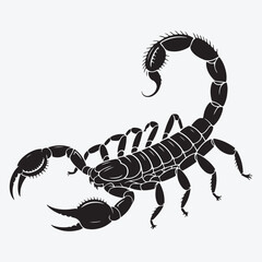 A stylized black scorpion with a curved tail and pincers