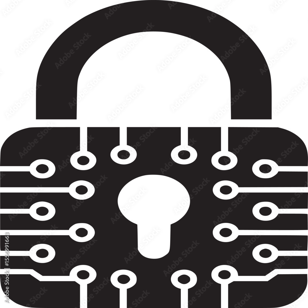 Poster a black padlock with a circuit board design on it, centered on a white background in a simple style