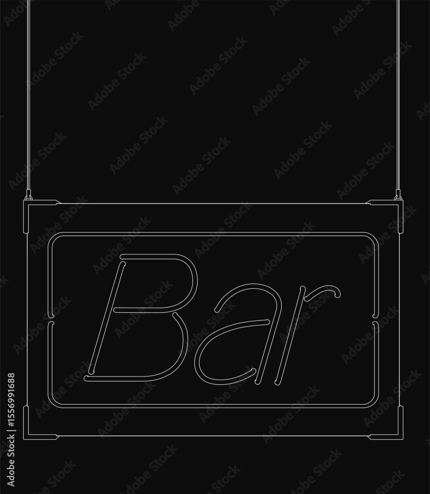 Poster black and white bar sign hanging from a string against a dark background. the rectangular sign featu