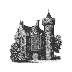 Obraz premium Medieval Castle With Tower And Trees Black And White Silhouette Illustration. Historical Architecture And Heritage. Isolated Vector Illustration