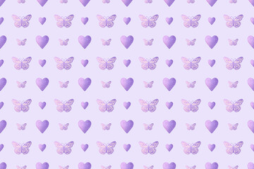 Seamless pattern with watercolor purple butterflies and hearts
