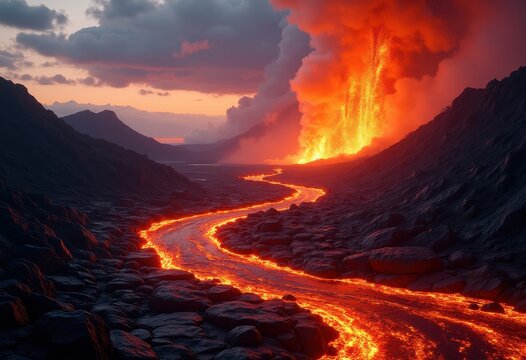dramatic volcanic eruption spectacle flowing lava fields molten rock fiery glow dramatic skies erupting crater hot lava lava flow lava channel, landscape