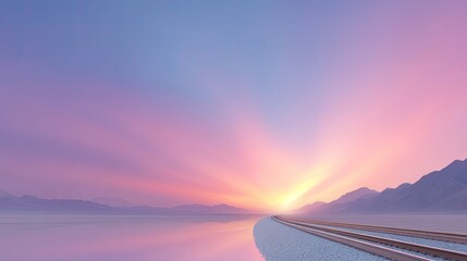 Pink and Purple Sunrise Over a Serene Railway Landscape