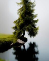 Single Tree Reflection in Foggy Lake