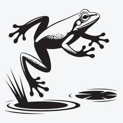 Frog leaping from water with lily pad in black and white