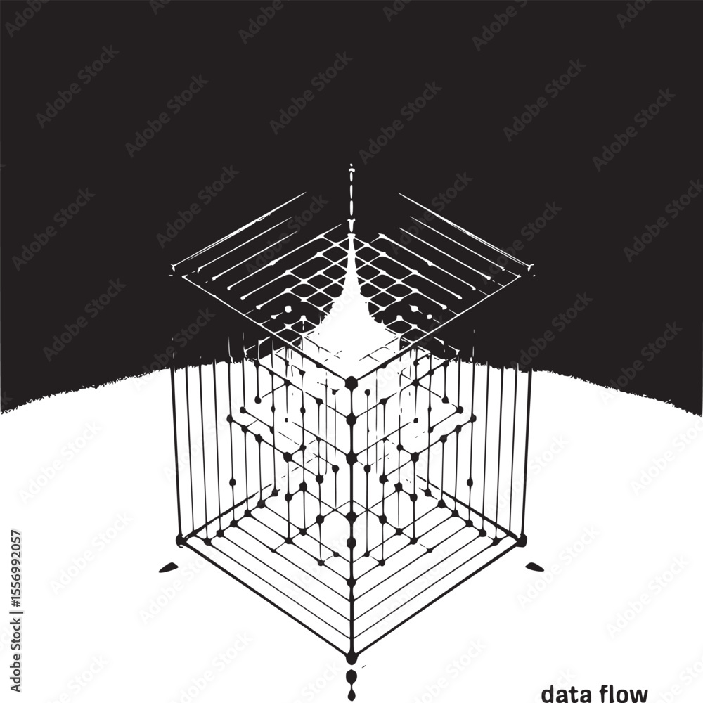 Poster a wireframe cube structure with interconnected dots and lines on a gradient background with light