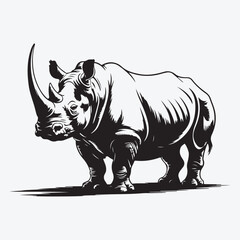 Illustration of a rhinoceros standing in black and white
