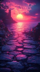 Pink and Purple Sunset Over Ocean with Stone Texture