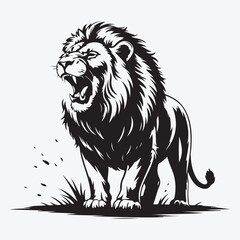 Roaring lion standing in grass black and white illustration