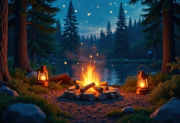 enchanting campfire glowing lanterns emitting warm light surrounded lush woods starry night sky, trees, nature, forest, flame, illumination, heat, cozy