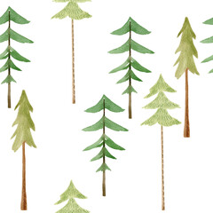 This is a charming watercolor seamless pattern depicting various shades of green forest trees on a clean white background.