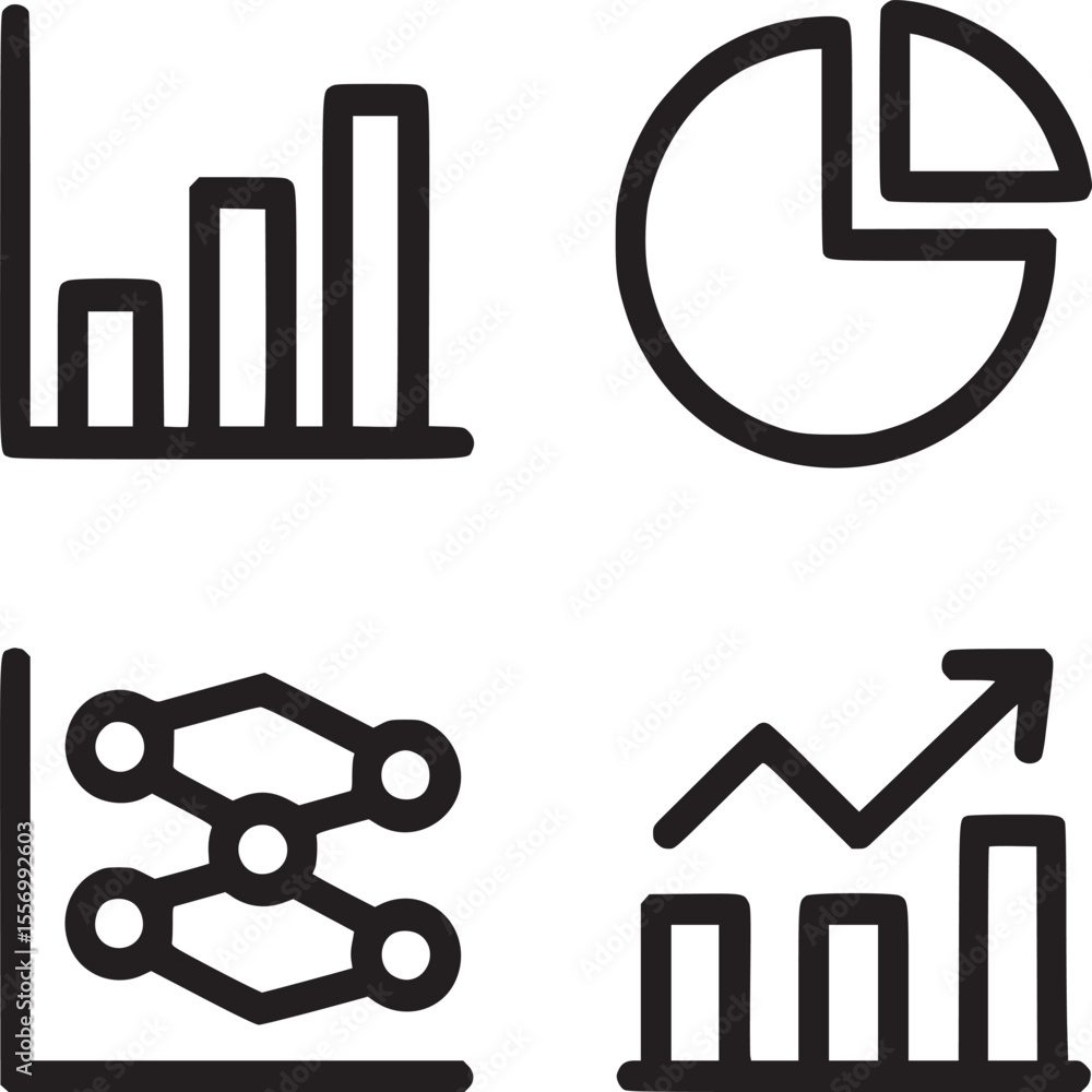 Poster a set of four black outline icons depicting various types of charts and graphs on a white background