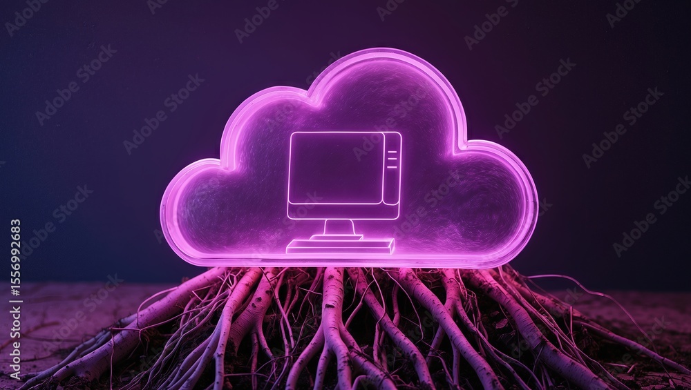 Fototapete abstract representation of digital cloud computing concept with a glowing computer and roots