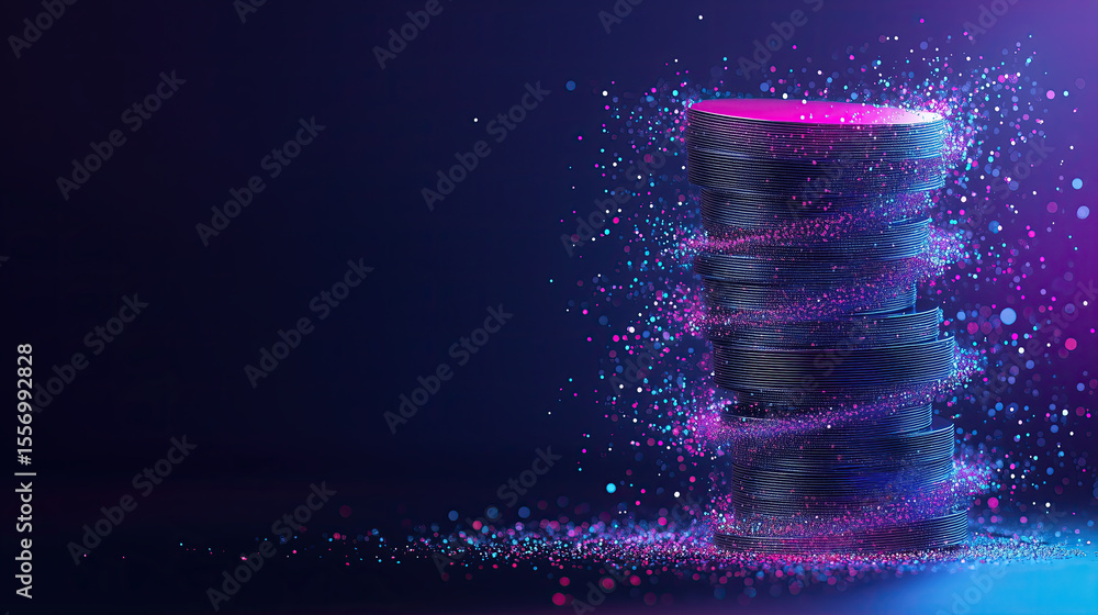 Poster stack of digital disks is connected by glowing streams, surrounded by vibrant particles on dark back
