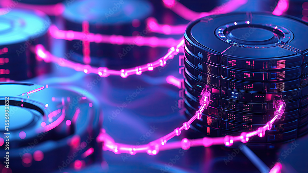 Poster futuristic digital disks interconnected by glowing pink streams, creating vibrant and cutting edge c