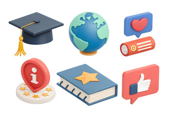 3d icon of various 3d education icons are isolated on transparent background