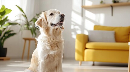 Golden retriever dog sitting on the floor in a living room. the dog is looking up towards the sky with its mouth slightly open, as if it is panting or panting.