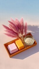 Pink and Yellow Artisan Soaps with Dried Pampas Grass in Wooden Tray