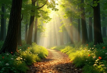 Fototapeta premium sun dappled forest pathways tranquil nature hiking trails afternoon light shadows leaves, trees, sunlight, underbrush, woodland, glade, canopy, foliage, pine