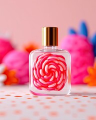Pink Candy Lollipop Perfume in Clear Bottle on Dotted Background