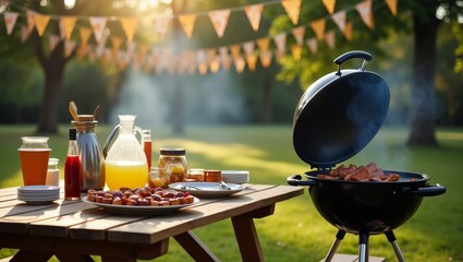 Delicious BBQ ribs and sausages grilling on a barbecue at a sunny summer picnic