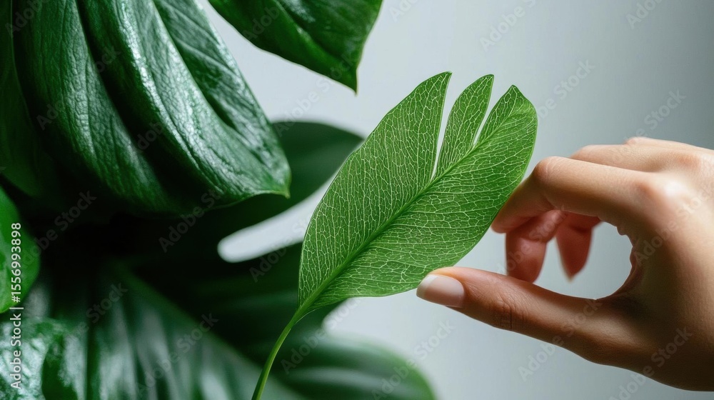 Poster hand holding a large green leaf. the hand is positioned in a way that the fingers are slightly curle