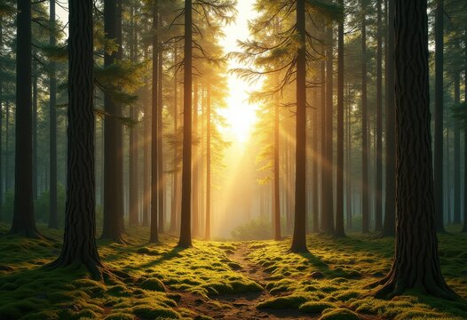 tall evergreen trees sun dappled forest warm light natural serenity wilderness, nature, wood, canopy, sunlight, shade, bark, foliage, branch, underbrush