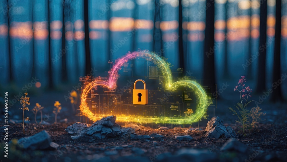 Aufkleber a vibrant digital illustration of a colorful cloud with a secure lock in a forest setting at dusk