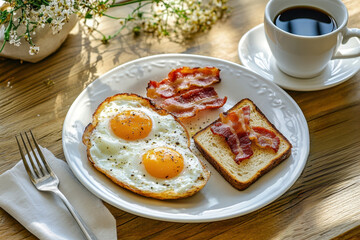 Homemade American breakfast. Fried eggs with bacon and toast, a cup of coffee and a fork on a wooden table. Healthy breakfast. The concept of healthy eating. Morning Sunlight