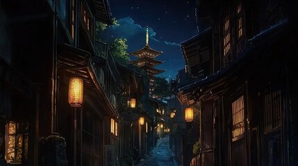 Obraz premium A night scene in a traditional Japanese alleyway.
