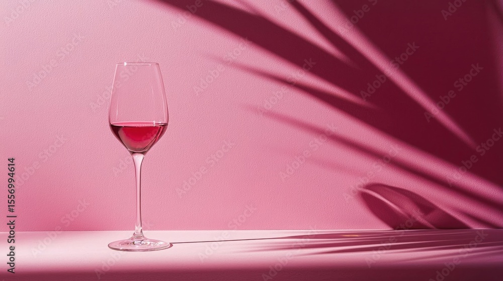 Poster glass of red wine on a pink background. the glass is empty and is placed on a white surface. the bac