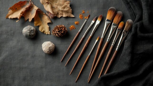 Collection of paintbrushes arranged on a dark grey fabric background. there are six brushes in total, each with a wooden handle and metal bristles. - Powered by Adobe
