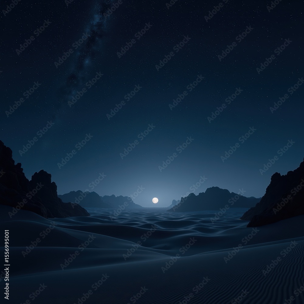 Wall mural twinkling stars night sky above expansive dark desert landscape silhouettes dunes rocks, twilight, s