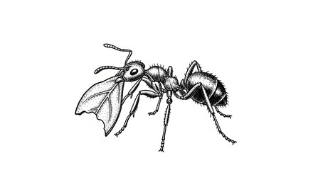 Detailed Engraving of Ant Transporting Piece of Leaf