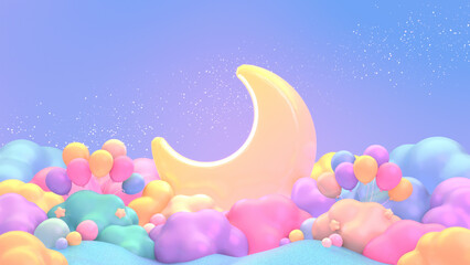 3D render cartoon moon, balloons, and colorful clouds on mountain at night.