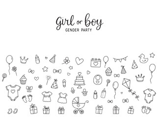 He or she. Boy or girl. Doodle icons with baby accessories and text on background. Vector
