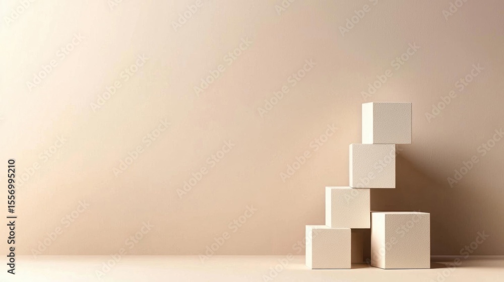 Poster stack of six white cubes arranged in a pyramid-like structure on a plain beige background. the cubes