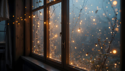 Soft glow from string lights outside foggy window creates cozy atmosphere