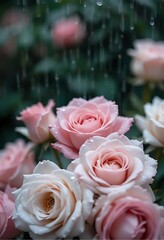 Beautiful Pastel Roses Under Gentle Rain - Romantic Floral Scene