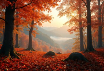 Fototapeta premium vibrant autumn forest misty hills colorful foliage nature scenery landscapes wilderness season, trees, sunset, clouds, wind, leaves, trance, pines, oaks, maples