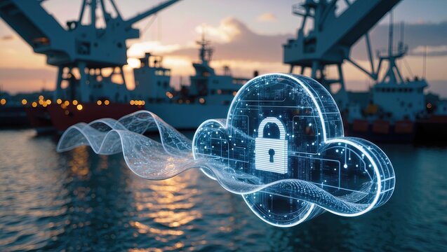 Digital cloud symbol with padlock overlaid on a marina at sunset, depicting cybersecurity