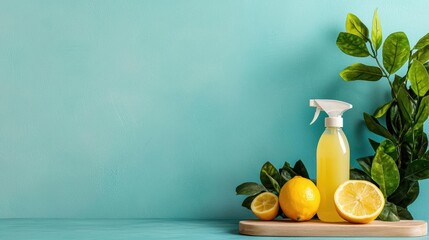 Wooden cutting board with a bottle of orange juice and two lemons on it. the background is a light blue wall with a green plant on the right side.