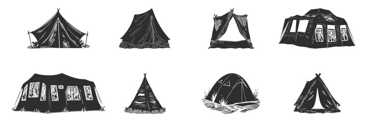 Camping Tent Silhouette Set. Diverse Tent Designs For Outdoor Adventures And Camping Enthusiasts. Isolated Vector Illustration Collection