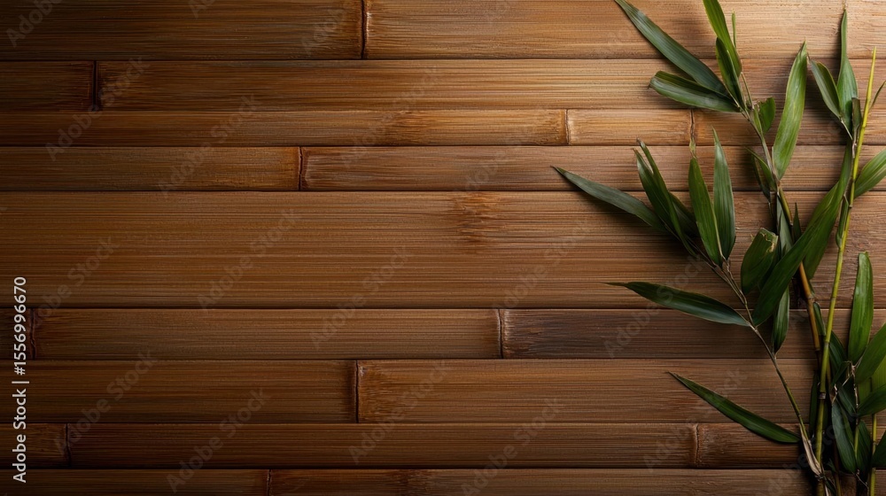 Poster close-up of a wooden surface with a bamboo plant on the right side. the bamboo planks are arranged i
