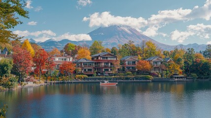 Fototapeta premium Autumnal scenery of a lake village with a snow-capped mountain.