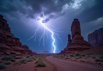 lightning striking timeless desert rock formations dramatic sky electric natural phenomenon, nature, storm, thunder, clouds, landscape, electricity, sand
