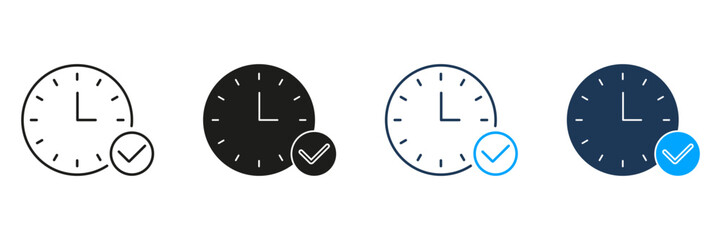 Clock With Checkmark Line And Solid Icon Set. Time Management, Task Completion, And Schedule Confirmation Symbol Collection. Efficient Planning And Productivity. Isolated Vector Illustration