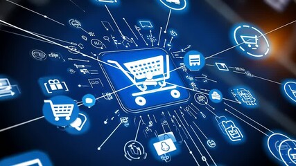 Digital shopping cart surrounded by various e-commerce icons illustrating online retail dynamics - Powered by Adobe